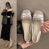 Fashion French Square Toe Bow Flats Shoes 2024 New Autumn Shallow Fairy All-match Gentle Office Dress Low Heels Pumps Female Ballerina