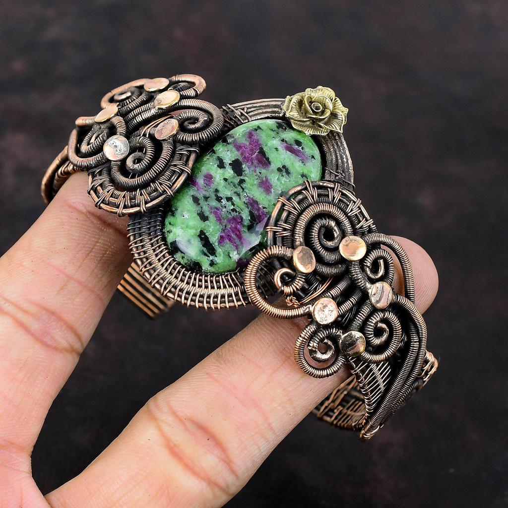 Ruby Zoisite Bangle Copper Wire Wrapped Cuff Bracelet Handmade Copper Jewelry Adjustable Bangle Gemstone Bracelet Flower Bangle Gift For Him
