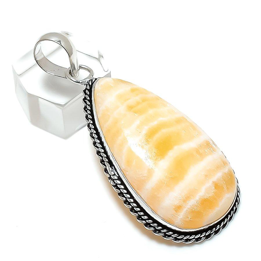 Natural Yellow Septarian Handmade 925 Sterling Silver Jewelry Pendant 2.36" k0I61