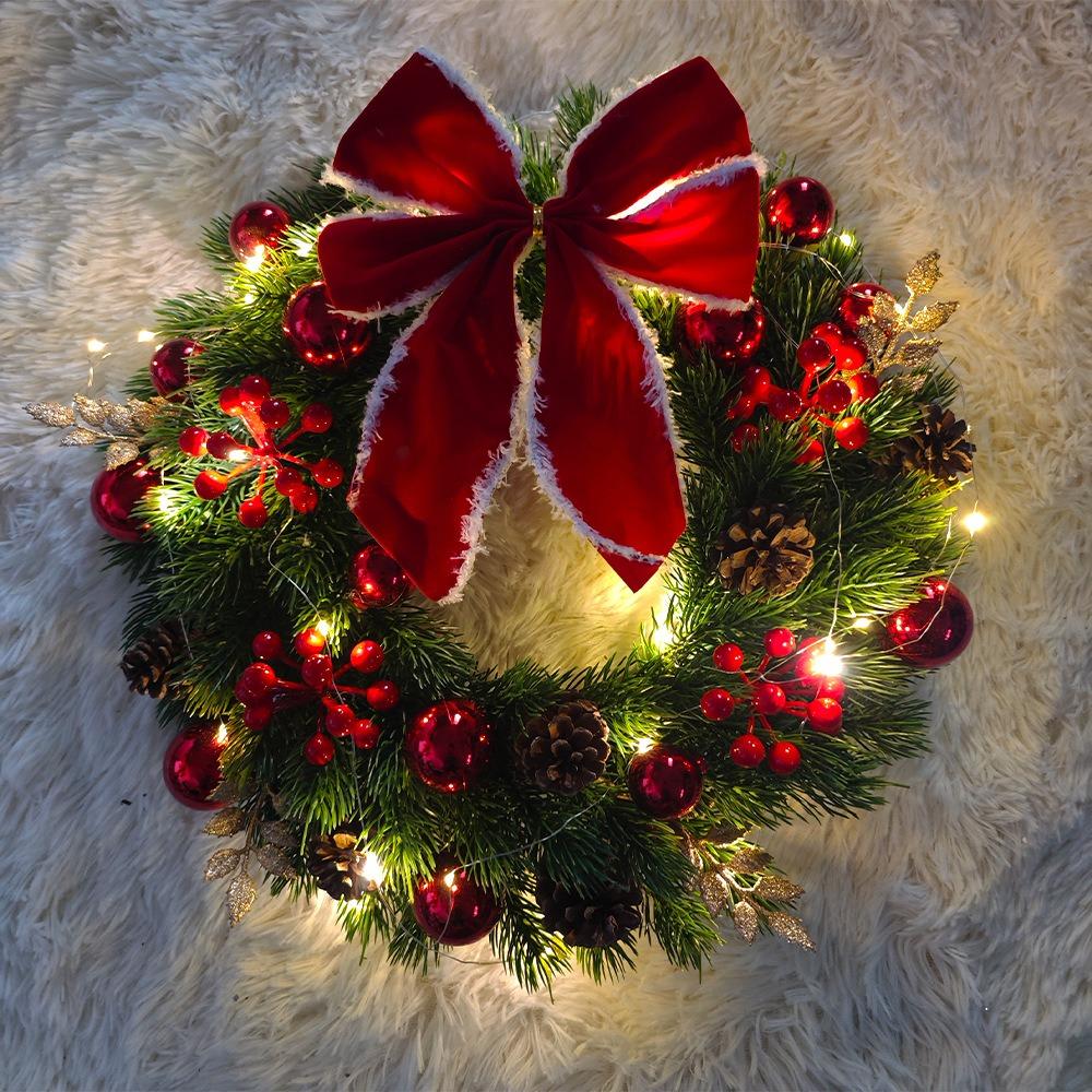 With LED Light and Bow Christmas Garland Artificial Pinecone Red Berries Xmas Door Hanging Window