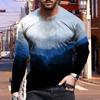 New 3D Gradient Blue Print Mens Tshirts Long Sleeve Tees Round Neck Casual Pullover Mens Clothing Plus Size