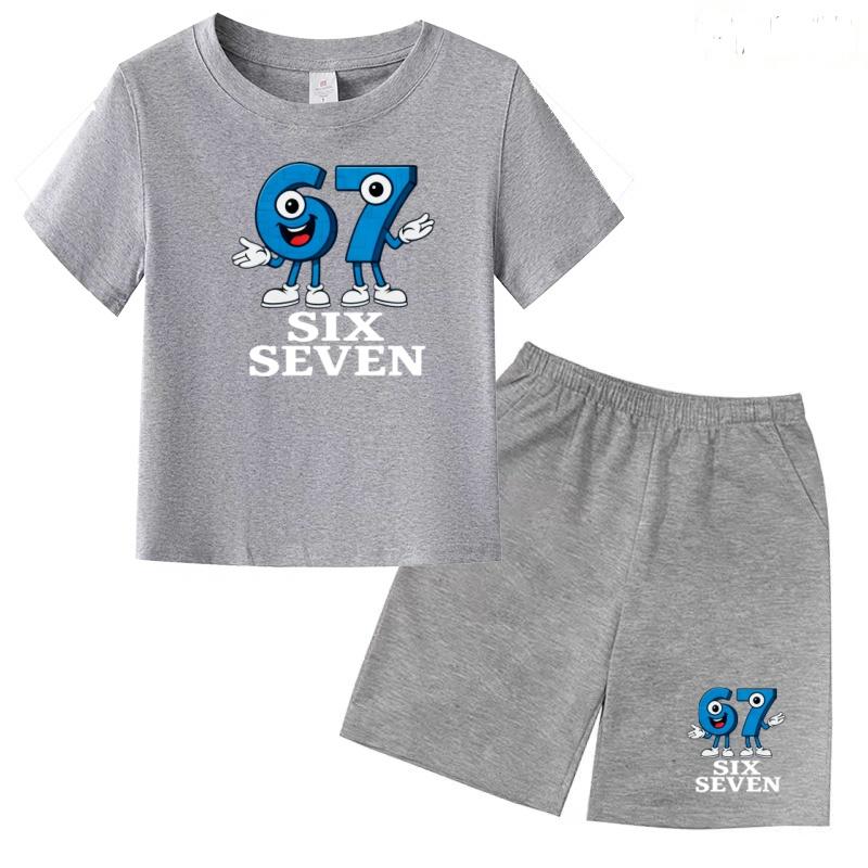 Children Summer Six Seven 67 Cartoon Print Casual Set Clothes T-shirt+Shorts 2P Charming Boy Girl Toddler 3-12 Yrs Short-sleeved