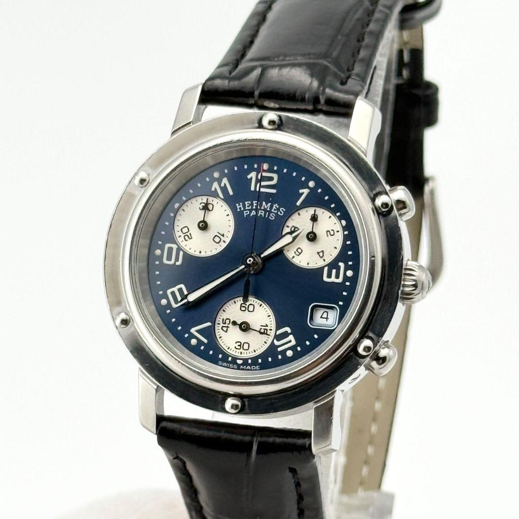Used Hermes Clipper CL1.310 Navy Chronograph New Strap New Battery Ladies Watch 802