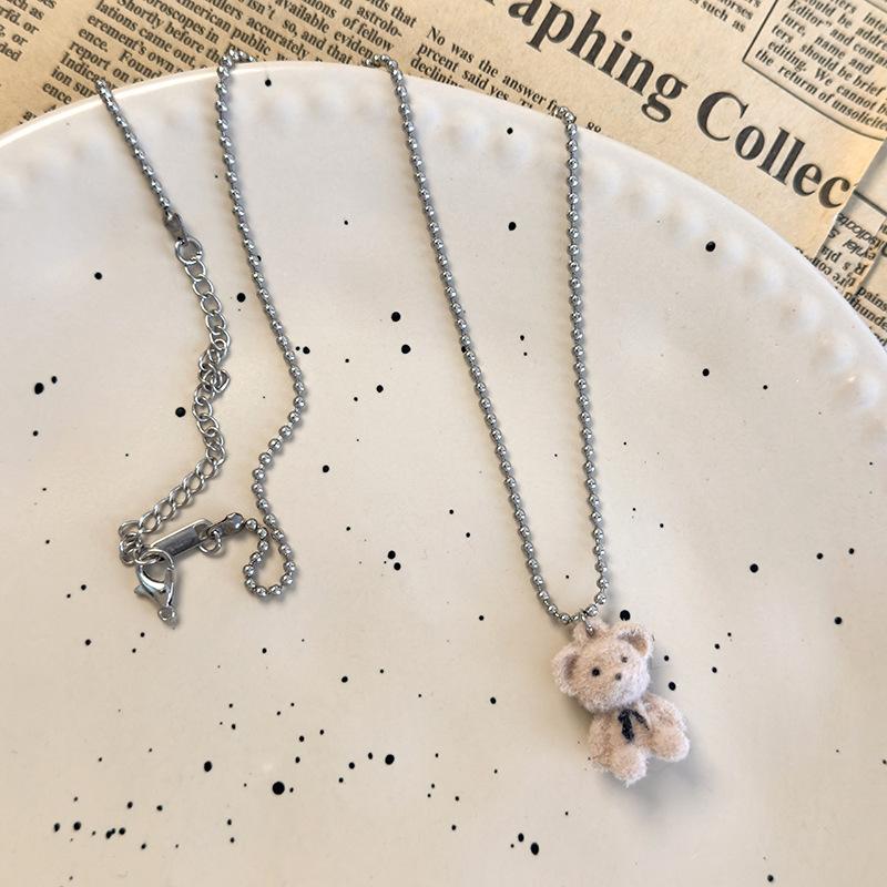 Cute Cartoon Flocked Bear Pendant Necklace Women's Accessories Light Luxury Niche Collarbone Chain Versatile High-end Sweater Chain