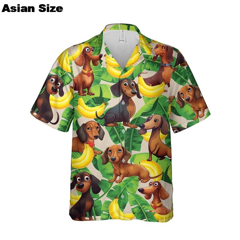 Cartoon Dachshund Dog 3D Printed Shirt For Men Animal Pet Dogs Graphics Short Sleeves Hawaiian Shirts Tops Unisex Lapel Blouse