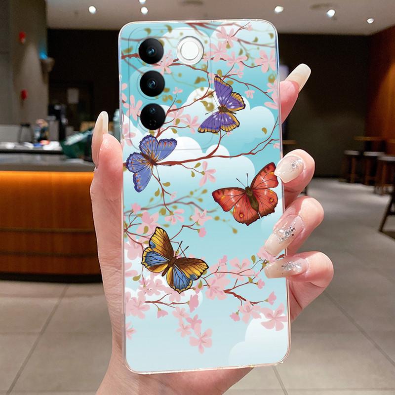Чехол для Vivo V27 Capa Чехлы для Vivo V27E Цветок Бабочка Защитный Тонкий Чехол для Vivo V27 Pro Мягкий Силикон ТПУ Чехол для Телефона