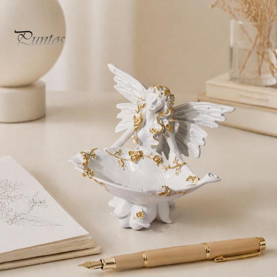 Маленькая фигурка ангела, Фигурка из смолы, Крылатая фея, Скульптура, Половина тела, С золотой отделкой, Матовый теплый белый, Декор для стола, Полки в спальне, Подарок, Женщинам