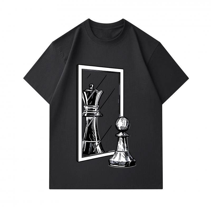 Men's 100% Cotton Crew Neck Short Sleeve T-Shirt, Funny Pawn Chess Piece Mirror Reflection Queen Print Casual Summer Fashion Tees for Chess Lovers Dai
