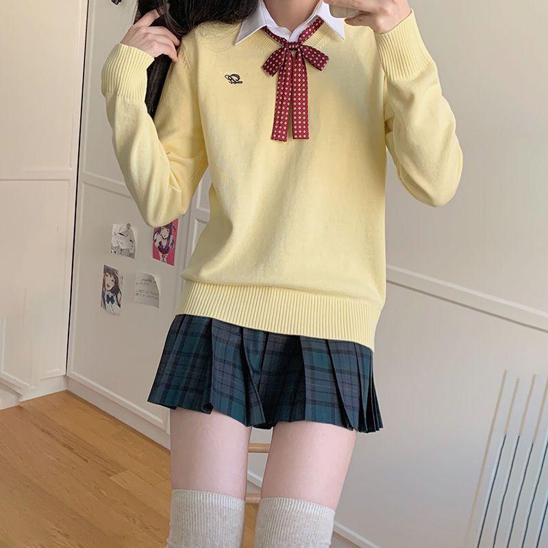 Черный свитер с длинными рукавами и V-образным вырезом с вышивкой от Jizhong College - свитер для школьной формы на осень/зиму