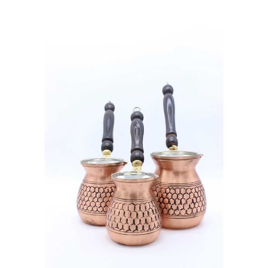 Газиантеп Медный кофейник ручной работы с сотовым рисунком Античный медный цвет Медный набор из 3 кофейников