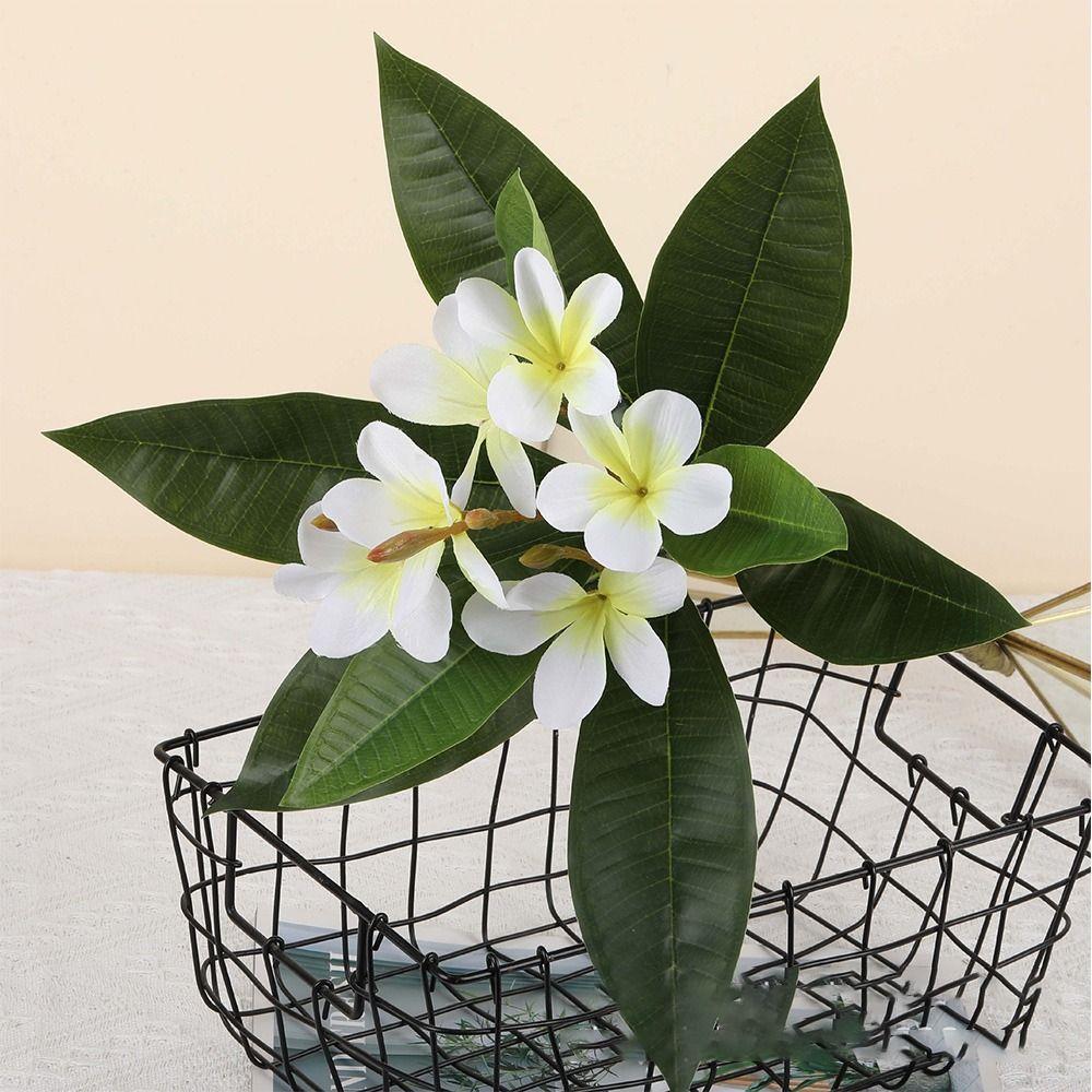 Real Touch Artificial Plumeria Flowers DIY with Green Leaves Simulation Frangipani Branch Multicolor Photo Props