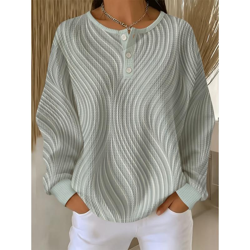 Barcode Waffle Sweatshirt, Retro Blue And White Water Wave Swirl Texture, Individual Age-Reducing Button Long Sleeve Sweatshirt
