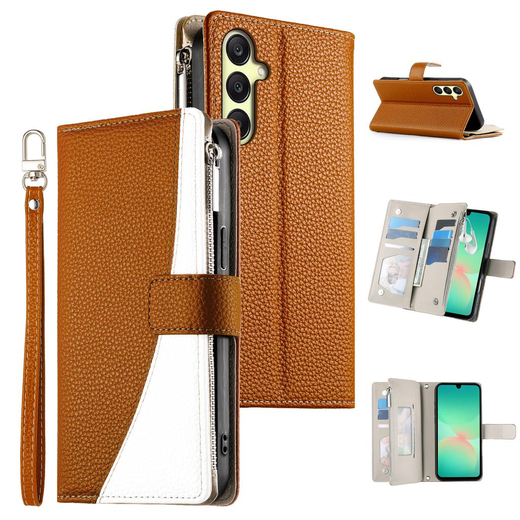 For Samsung Galaxy A17 5G Case Zipper Wallet Color Splicing Leather Flip Phone Cover with Straps