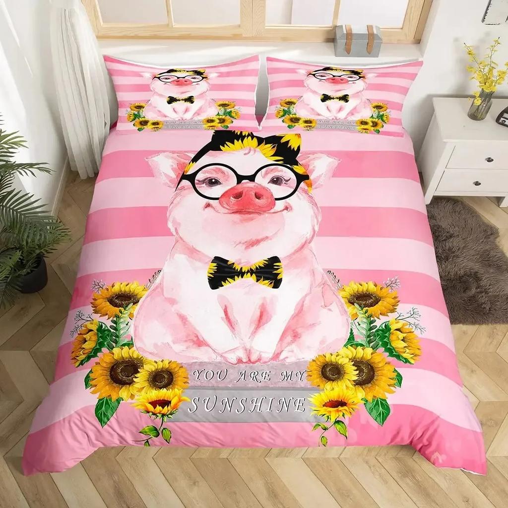 Милый Поросенок подсолнухи Флоральные Розовый Клетка Решетка Плед Удобный Пододеяльник Наволочка Постельное Белье Спальня Домашний Текстиль