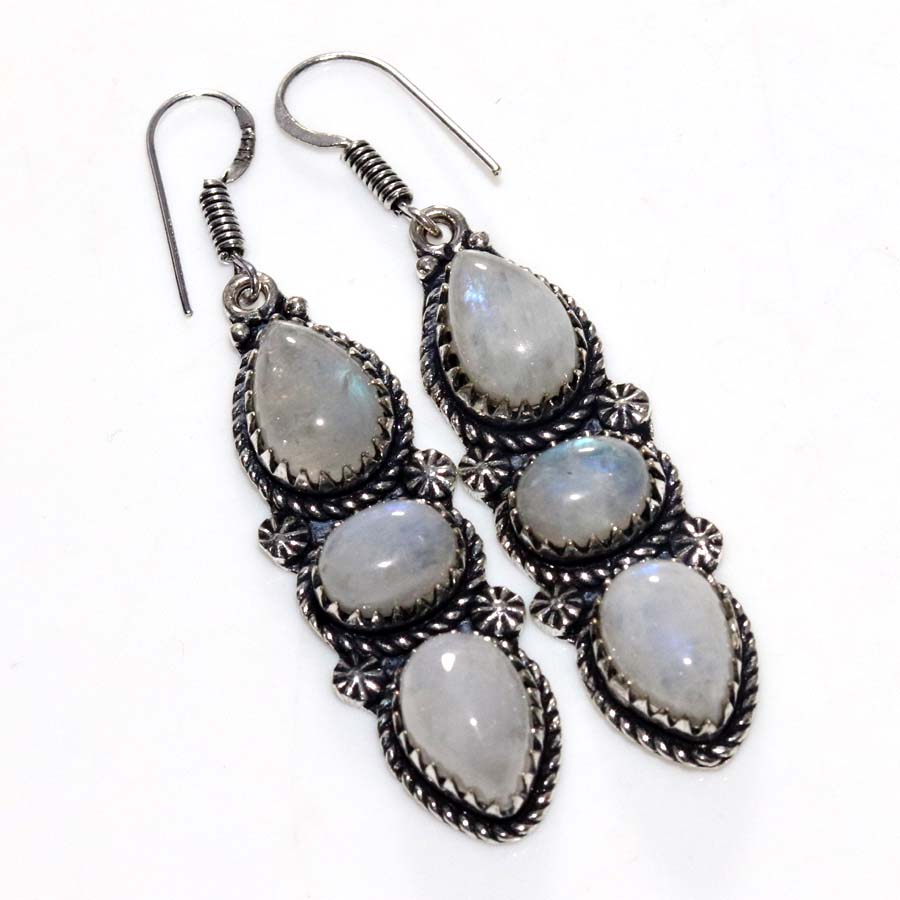Exclusive Long Rainbow Moonstone 925 Silver Plated Earrings 2.4" Trendy y0P99