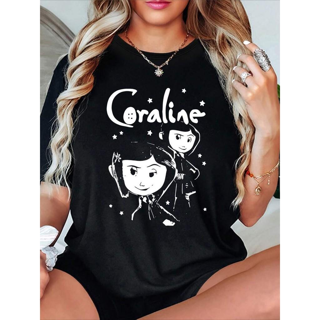 Cartoon Print Crew Neck T-Shirt for Women - Medium Stretch, All Season