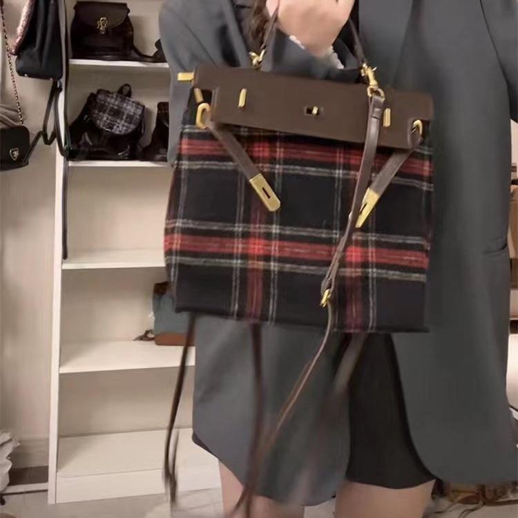 Контрастный цвет, красная клетка, нишевый дизайн, рюкзак, женская сумка-тоут из шерстяной ткани высокого класса, большой емкости