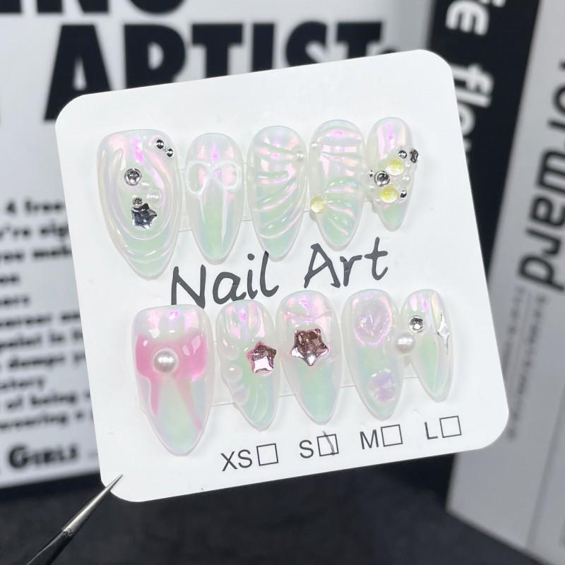 Handmade Press-On Nails With Hand-Painted Bow Design Irregular Almond Shape Thin Invisible Edge Sweet Cute Style