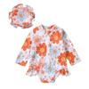 Infant Girl's Summer Swimsuit 6M 12M 18M 24M Flower Print Long Sleeve Round Neck Zipper Closure Ruffle Bikini + Swimming Cap