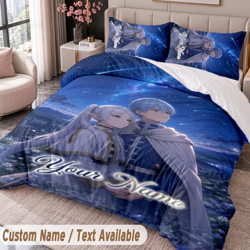 Custom Name Text 3Pcs Bedding Set Frieren Beyond Journey's End Duvet Cover And Two Pillowcases
