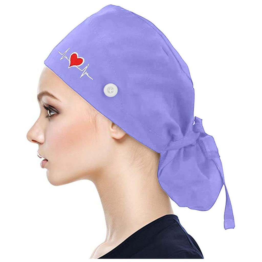 Scrub Cap With Buttons Bouffant Print Hat With Sweatband for Womens and Mens