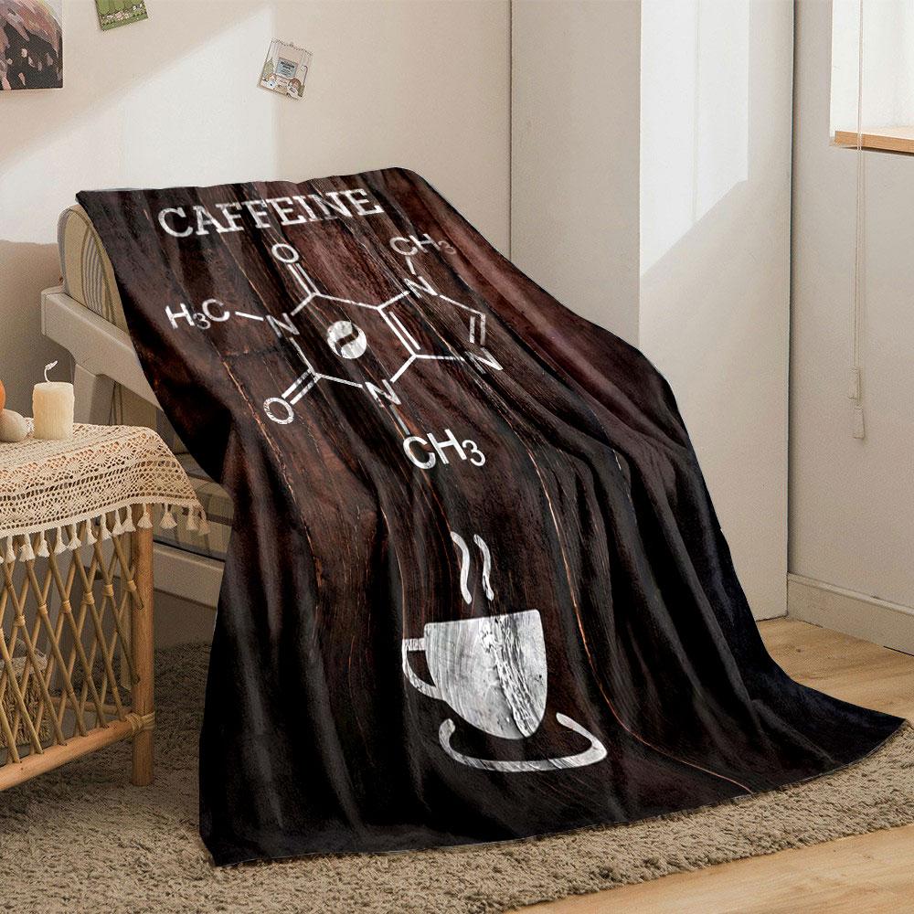 Caffeine molecular structure with a coffee cup on a textured wooden background. for all seasons blanket lunch break throw gift
