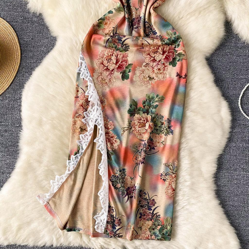 Женское платье без рукавов с кружевом и разрезом на пуговицах, тонкие платья Cheongsam с принтом