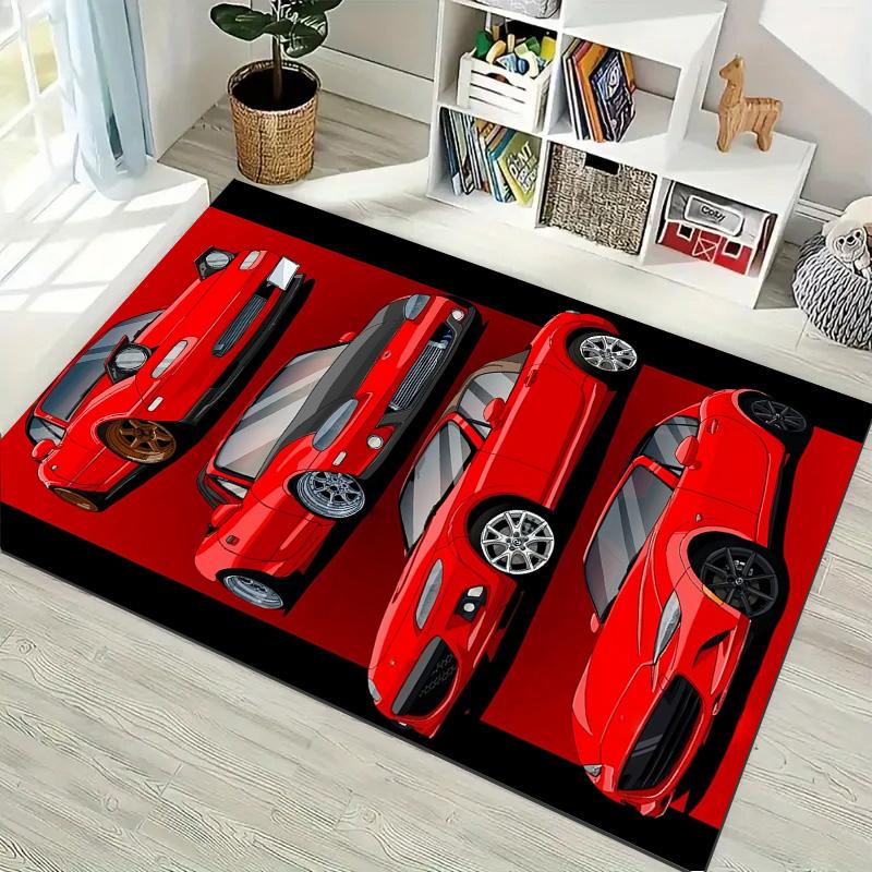 Red Supercar Collection Print Area Rug Non‑Slip Rectangular Floor Mat Racing Car Fan Decor for Gaming Bedroom Living Room