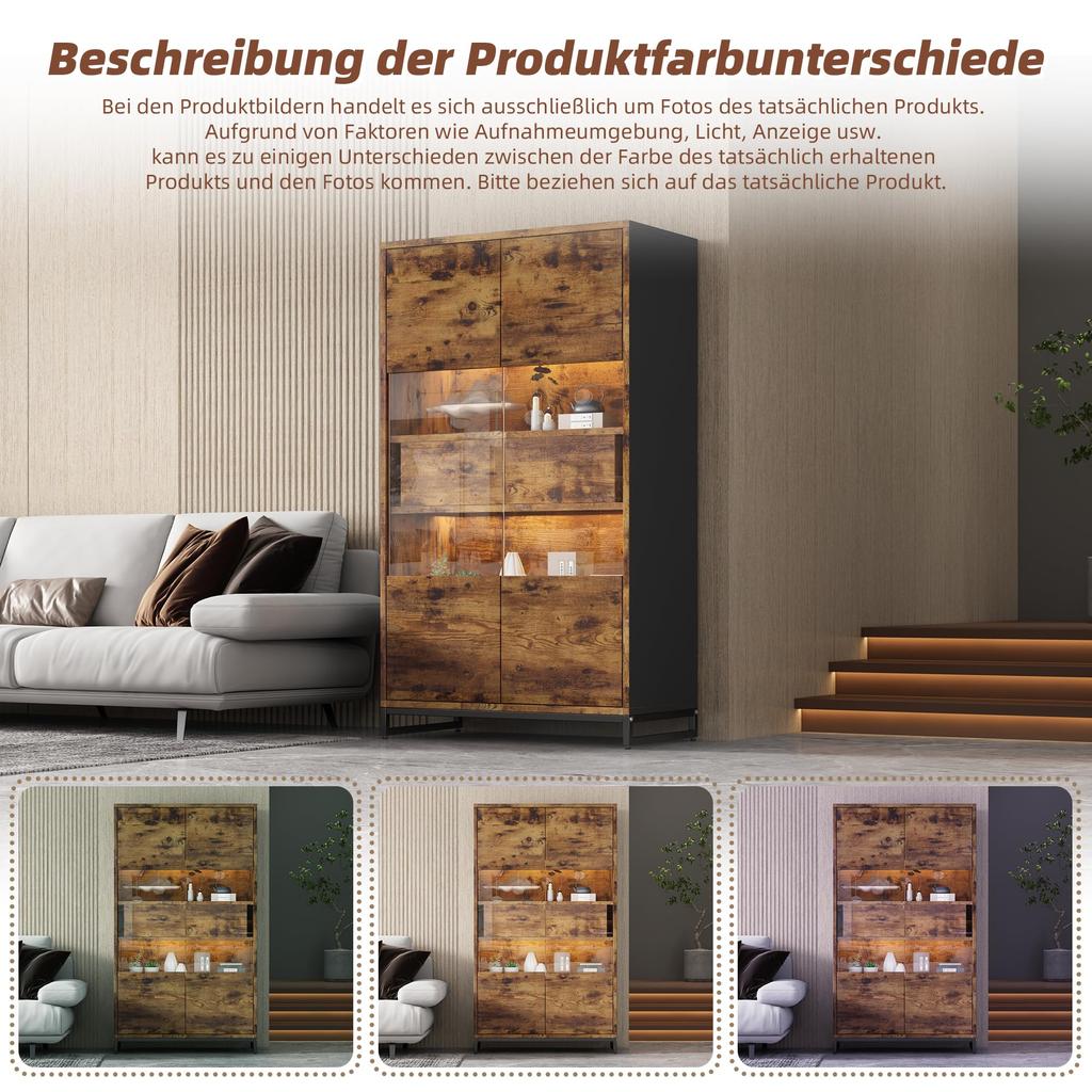 Transparente Vitrine Bücherschrank 2 Türen & 2 Schubladen, Highboard Standvitrine Weinschränke Wohnzimmer Esszimmer Büro, Vintagebraun