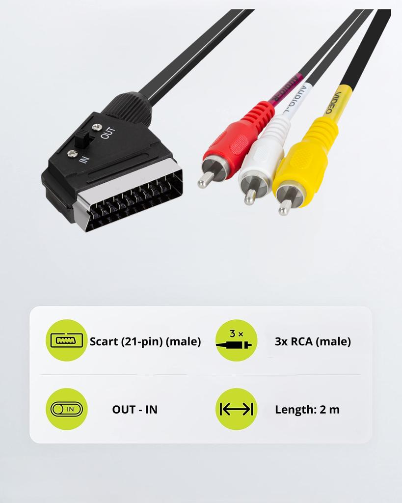 Scart to 3x RCA cable 2m, Black - LogiLink, scart/M - 3x Cinch/M, CA1029