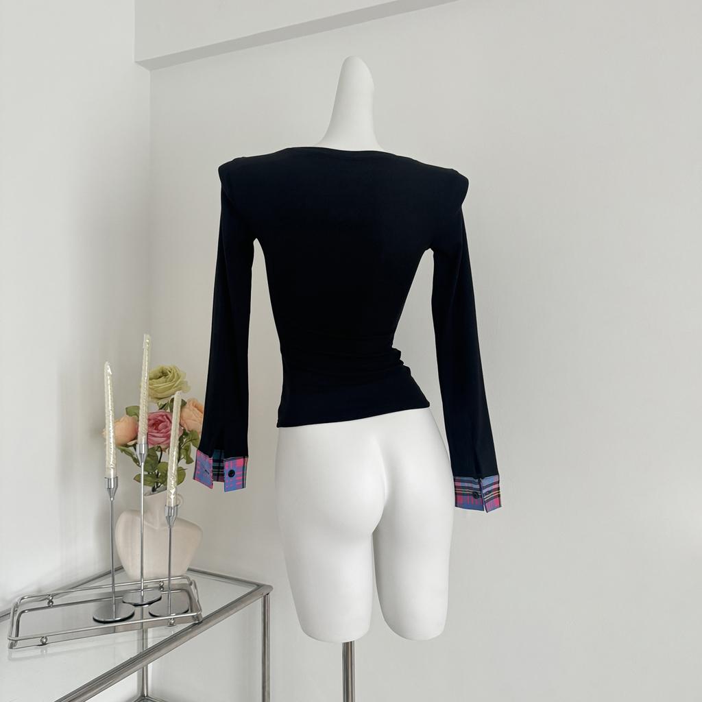 Осенняя женская корейская мода вышитая клетчатая лоскутная футболка с длинным рукавом топы с круглым вырезом винтажные 2000-е эстетика прилив простые