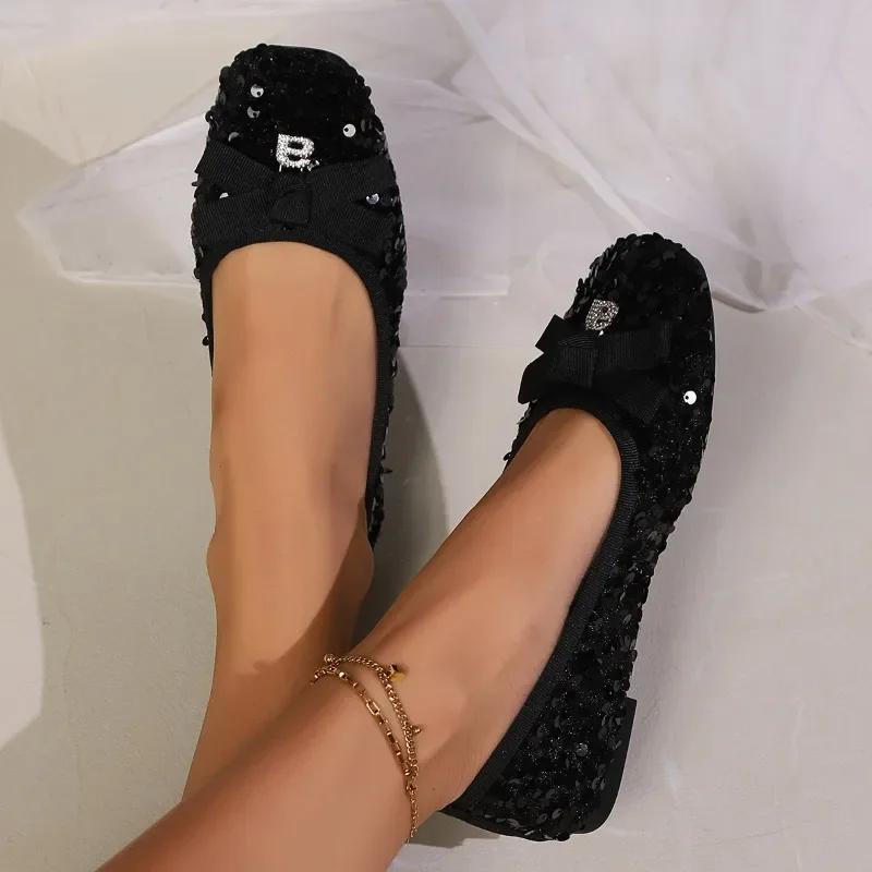 2024 Solid Color Women's Flat Shoes Sequin Square Toe Versatile Shallow Mouth Lightweight Spring and Autumn Women's Shoes