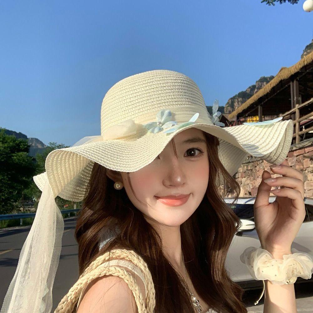 Flower Straw Hat Big Bowknot Wide Brim Hat Lolita Sun Protection Hat Seaside Vacation