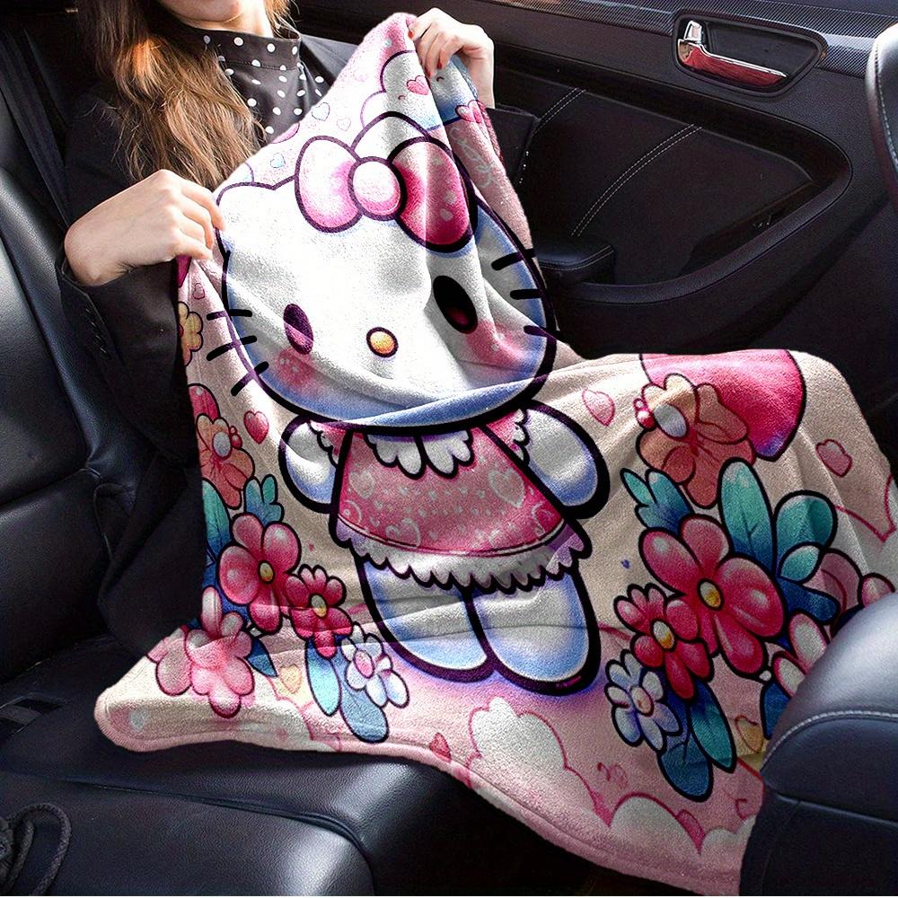 For Hello Kitty, Cute, PastelAnime-Themed Flannel Blanket, Glam Style, Digital Print, All-Season Comfort, Tear-Resistant, Knitted Craftsmans