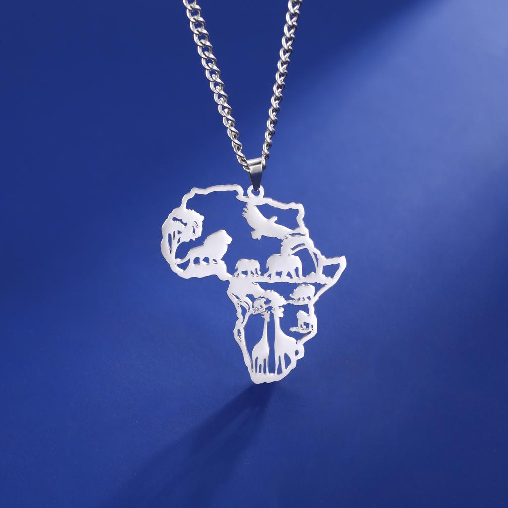 Myshape Animal Map Lion Giraffe Elephant Pendant Stainless Steel Necklace Men's and Boys Fashion Ethnic Jewelry Gift