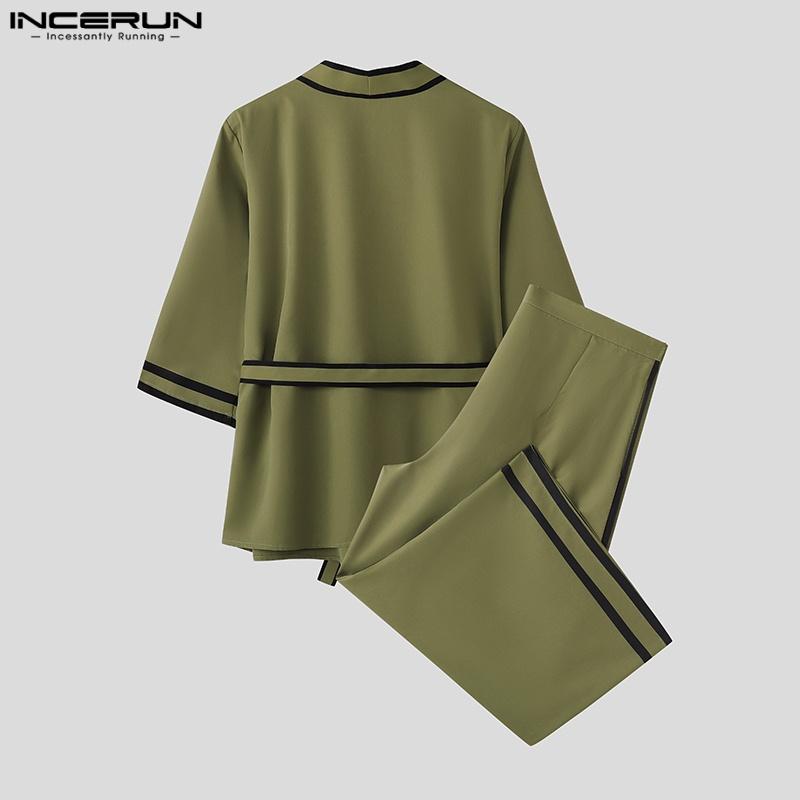 INCERUN 2 ШТ. Мужская рубашка с лацканами, рукавом 3/4 и поясом со строчкой, комплекты нарядов с длинными широкими брюками