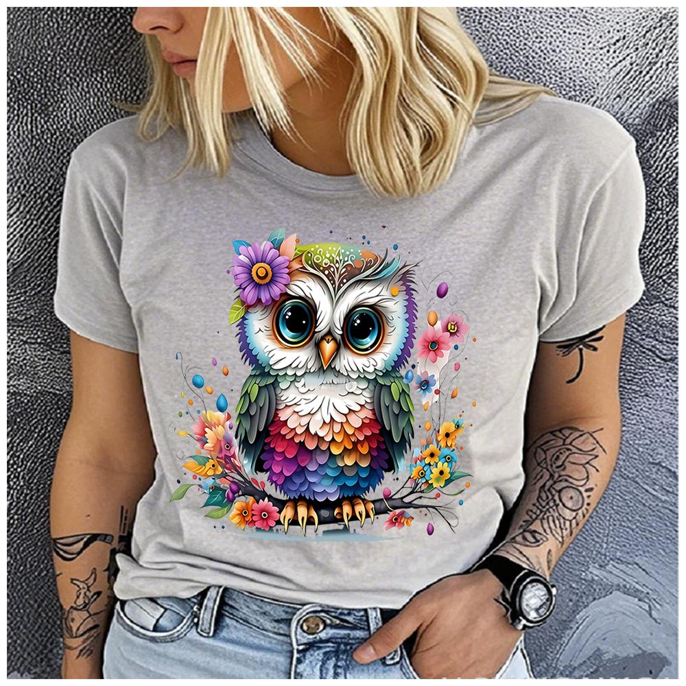Women's Polyester 100%Colorful Owl Print T-shirt Loose round Neck Casual Short Sleeve Fashion Top Wholesale Clothing Summer