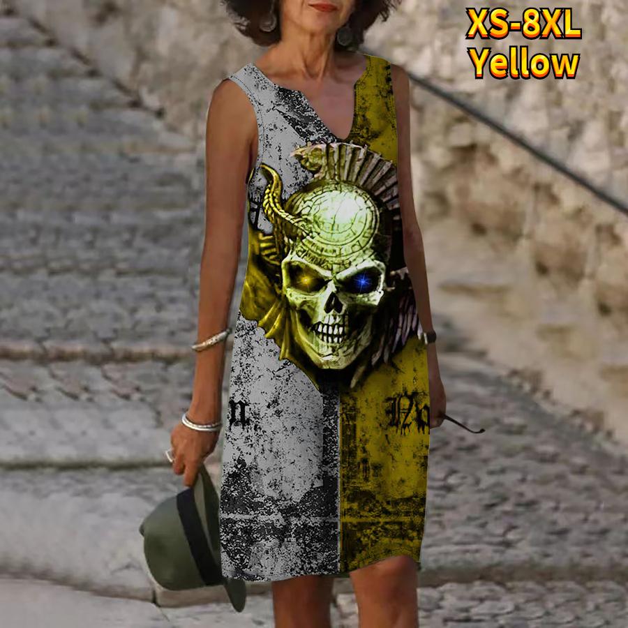 Женское летнее черно-серое платье с v-образным вырезом и принтом головы черепа, повседневное модное платье без рукавов, повседневные свободные сексуальные платья размера плюс XS-8XL