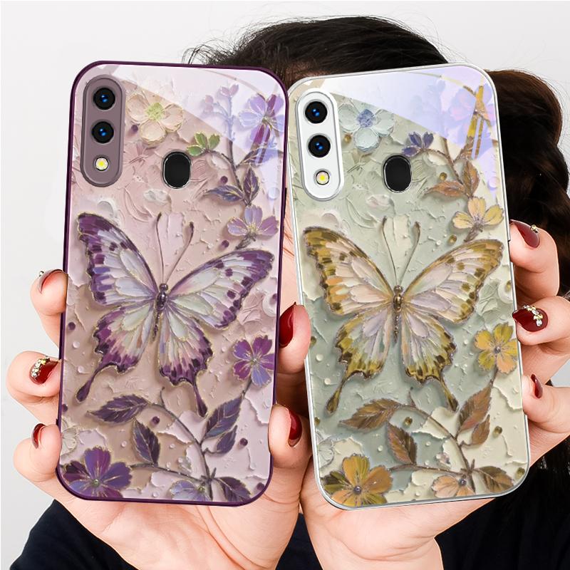 Элегантная розовая бабочка Для Samsung A20 30 22 23 24 25 26 A31 32 33 34 A35 42 A50 51 52 53 54 55 56 70 71 72 73 стеклянный чехол для телефона