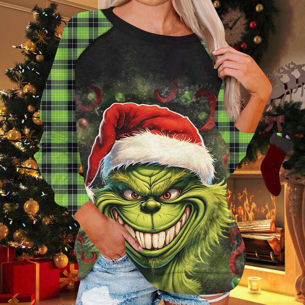 Женская модная повседневная толстовка с круглым вырезом и длинным рукавом с рождественским принтом и рукавом реглан