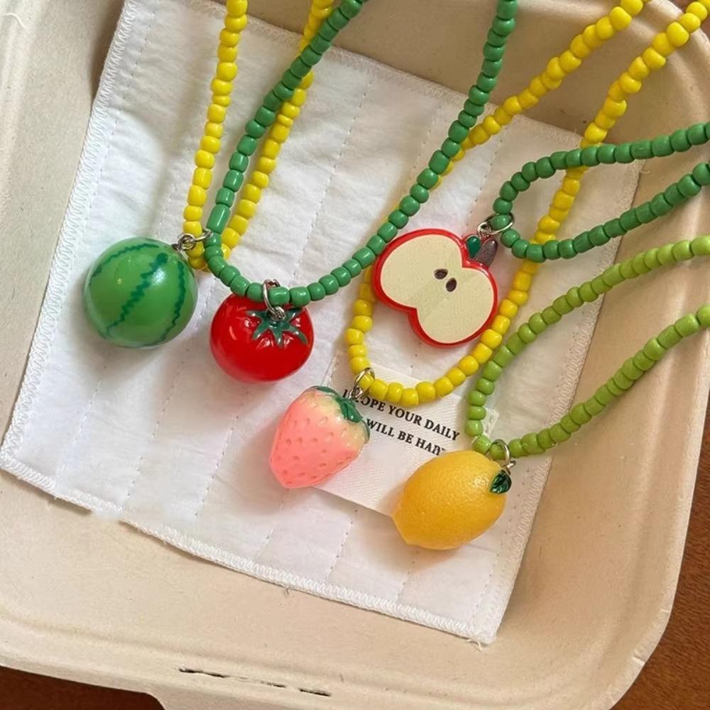 Apple Strawberry Lemon Bead Necklace Fresh Fruit Party Choker Fruits Pendant Necklace Women Girls