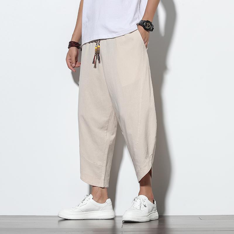 Men's Spring and Autumn Thin Section of Plus Size Linen Loose Harlequin Trousers Beach Lantern Trousers