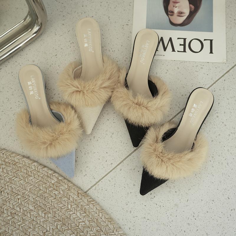 Меховые тапочки Мюли Острый нос Элегантные туфли на высоком каблуке Женские осенние новые меховые шлепанцы Шлепанцы для офиса Ytmtloy Indoor