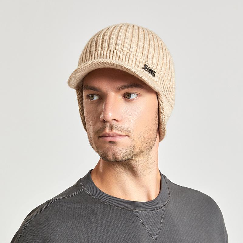 Зимняя вязаная шерстяная кепка, мужская бейсболка, уличная теплая шапка с защитой ушей, козырек, мужская утолщенная шапка с наушниками