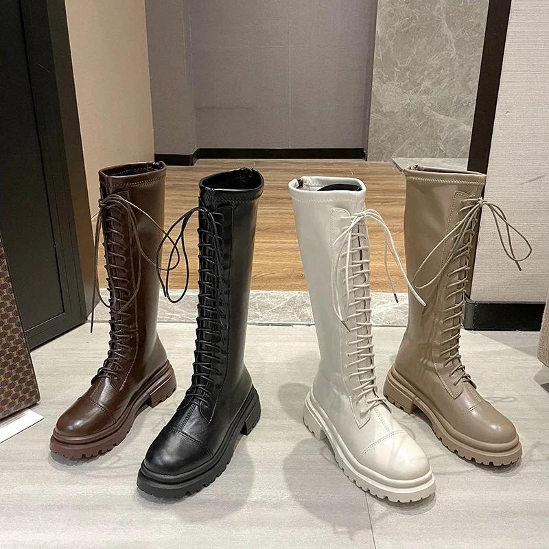 Мода 2024 года, высококачественная обувь для женщин, женские ботинки на шнуровке, осенние ботинки с круглым носком, однотонные, с высоким блочным каблуком, модные ботинки Zapatos Mujer