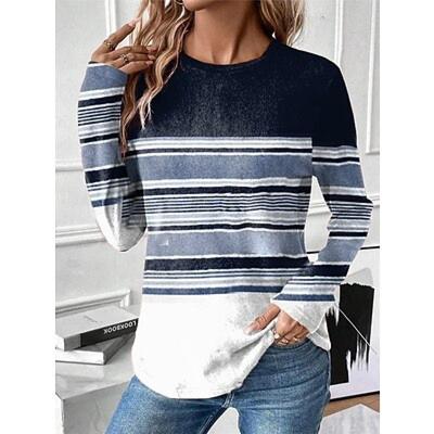 Жен. Футболка Футболка Графика Контрастных цветов Повседневные Выходные Розовый Красный Синий С принтом Длинный рукав Мода Круглый вырез Обычный крой Весна & осень