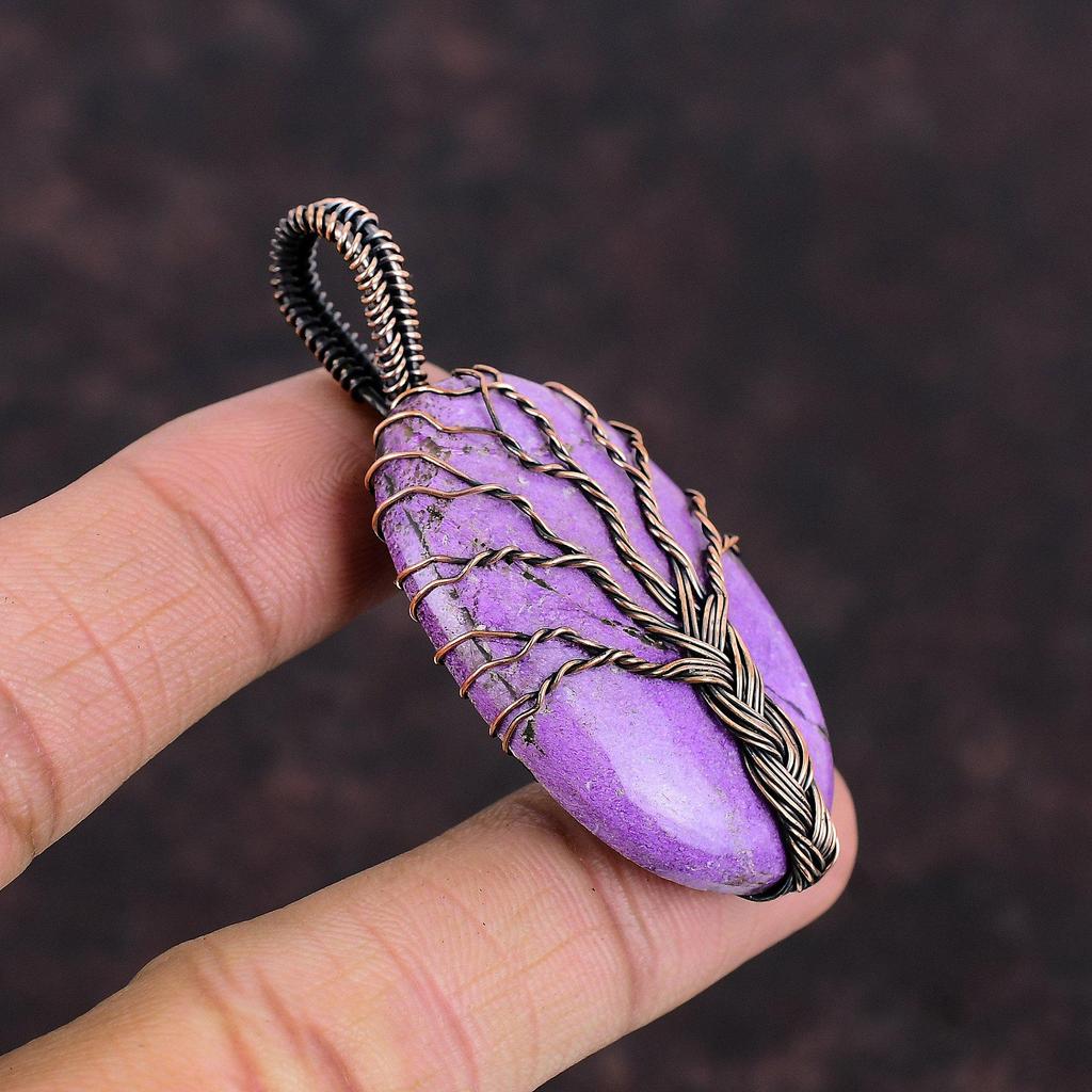 Подвеска из пурпурита «Дерево жизни», подвеска из медной проволоки, подвеска ручной работы, дизайнерское ювелирное изделие из меди, подарок для нее, ювелирное изделие из драгоценных камней с проволочной обмоткой