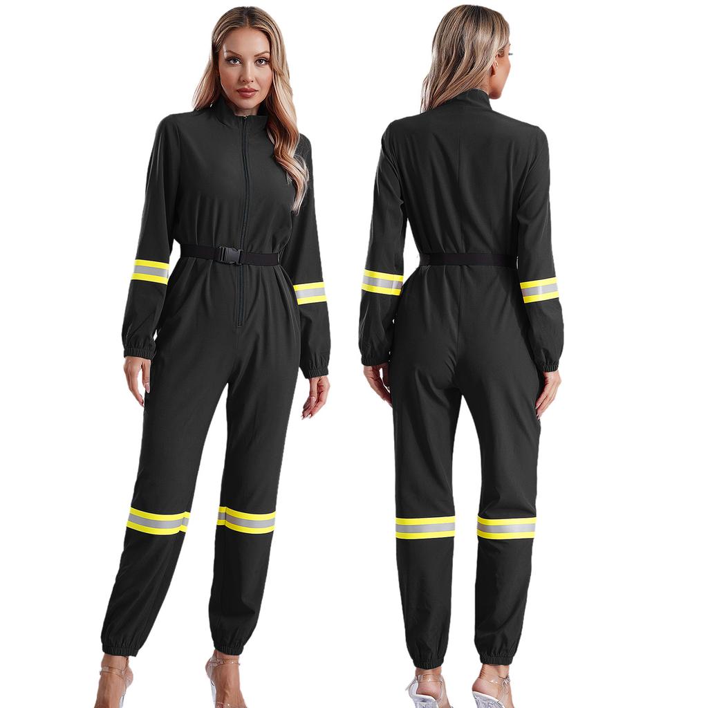 Complete Firefighter Outfit for Women S-3XL: Long Sleeve Belted Romper with Stand Collar, Halloween & Club Party Costume