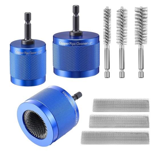 Copper Pipe Cleaner Set with Hex Shank Replaceable 72A Steel Wire Brush Heads Threaded Design Prevents Slippage Pipe Cleaning Tools