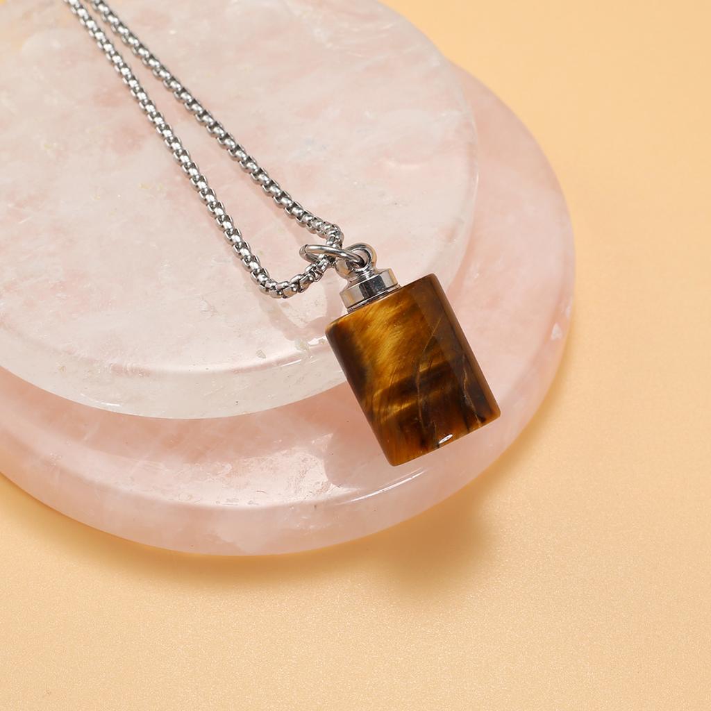 1Pc Healing Crystal Perfume Bottle Necklace Pendant Flat Cylinder Charm Silver Chain Necklaces for Women Jewellery 30x18mm